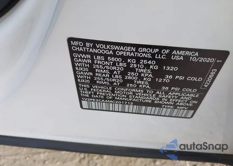 2021 Volkswagen Atlas Cross Sport 3.6L V6 Se W/Technology R-Line z USA, uszkodzony, nr VIN 1V2PE2CA4MC201712